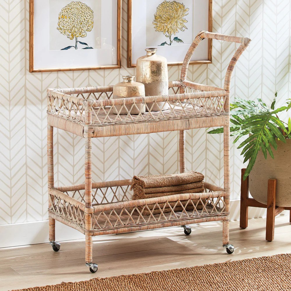 Neriya Coastal Beach Whitewash Rattan 2 Tier Woven Bar Cart|