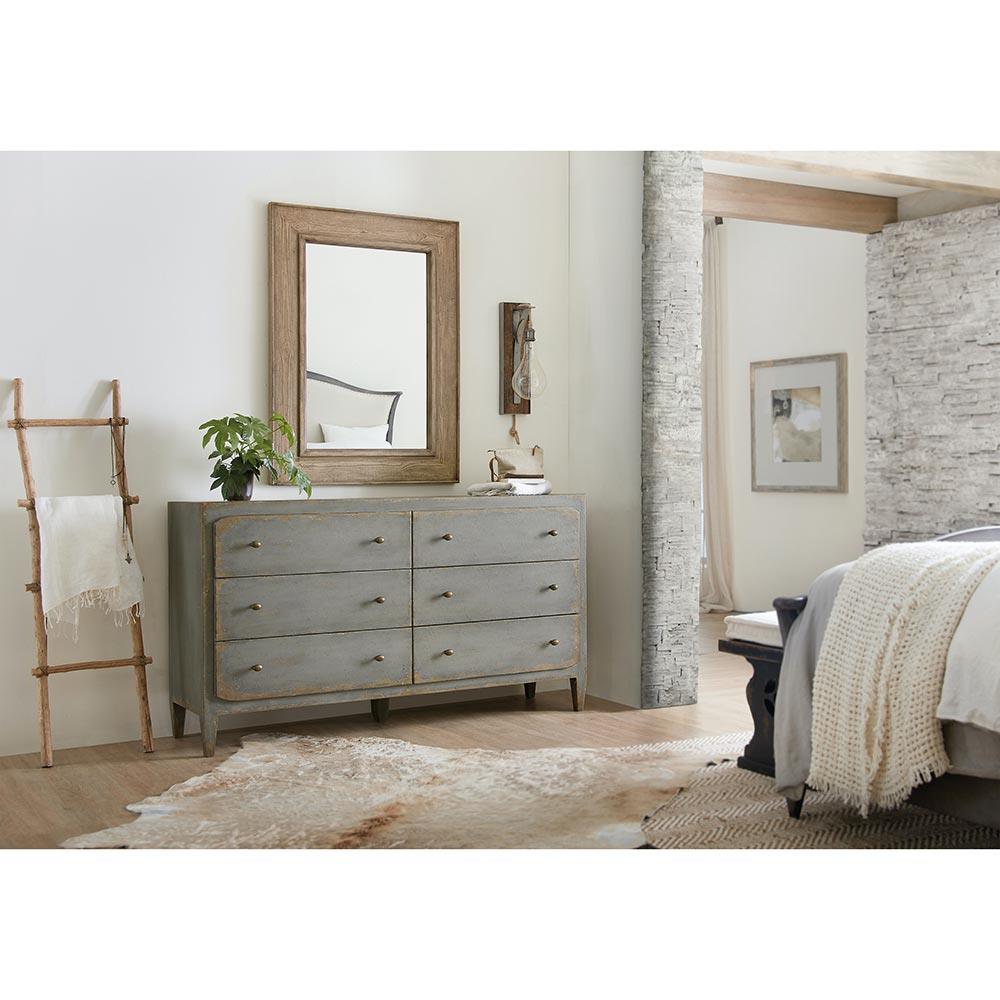 Harvey Rustic Lodge Distressed Grey Wood Brass Pull 6 Drawer Double Dresser|