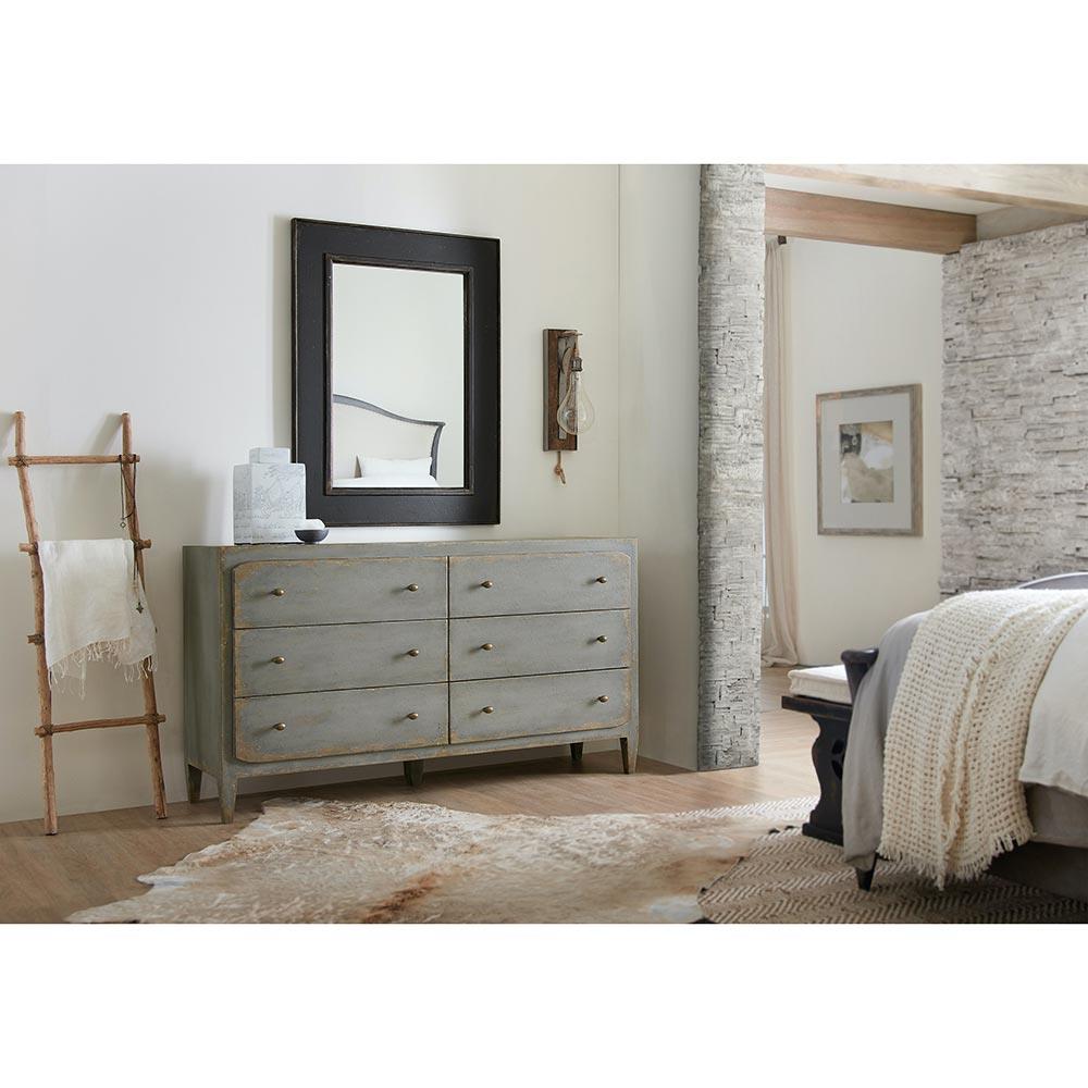 Harvey Rustic Lodge Distressed Grey Wood Brass Pull 6 Drawer Double Dresser|