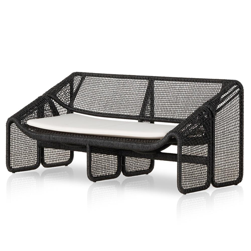 Lani Coastal Beach White Cushion Black Woven Wicker Outdoor Sofa - 63"W|
