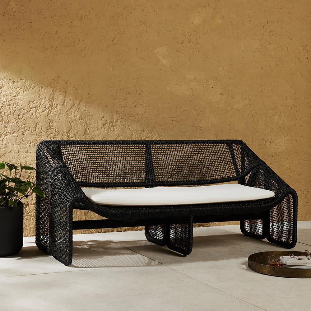 Lani Coastal Beach White Cushion Black Woven Wicker Outdoor Sofa - 63"W|