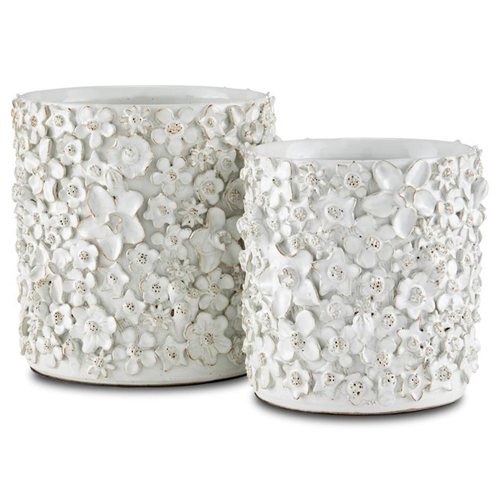 Jasmine French Country White Ceramic Floral Embossed Handmade Cachepot - Small|