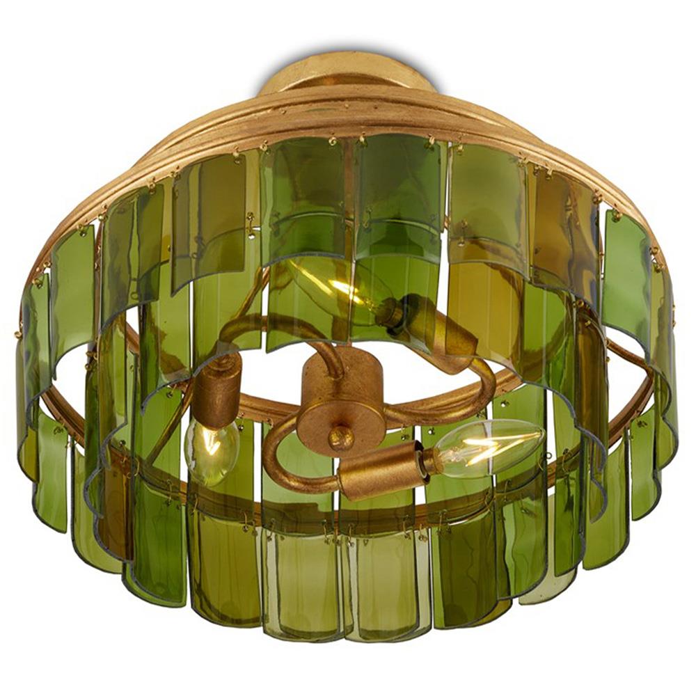 Verde Mid Century Green Glass Gold Leaf Wrought Iron Semi Flush Mount|