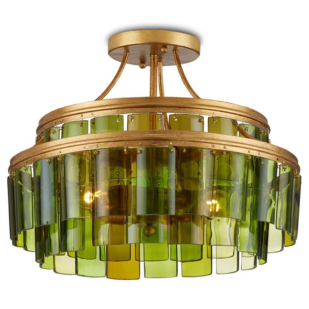 Verde Mid Century Green Glass Gold Leaf Wrought Iron Semi Flush Mount|