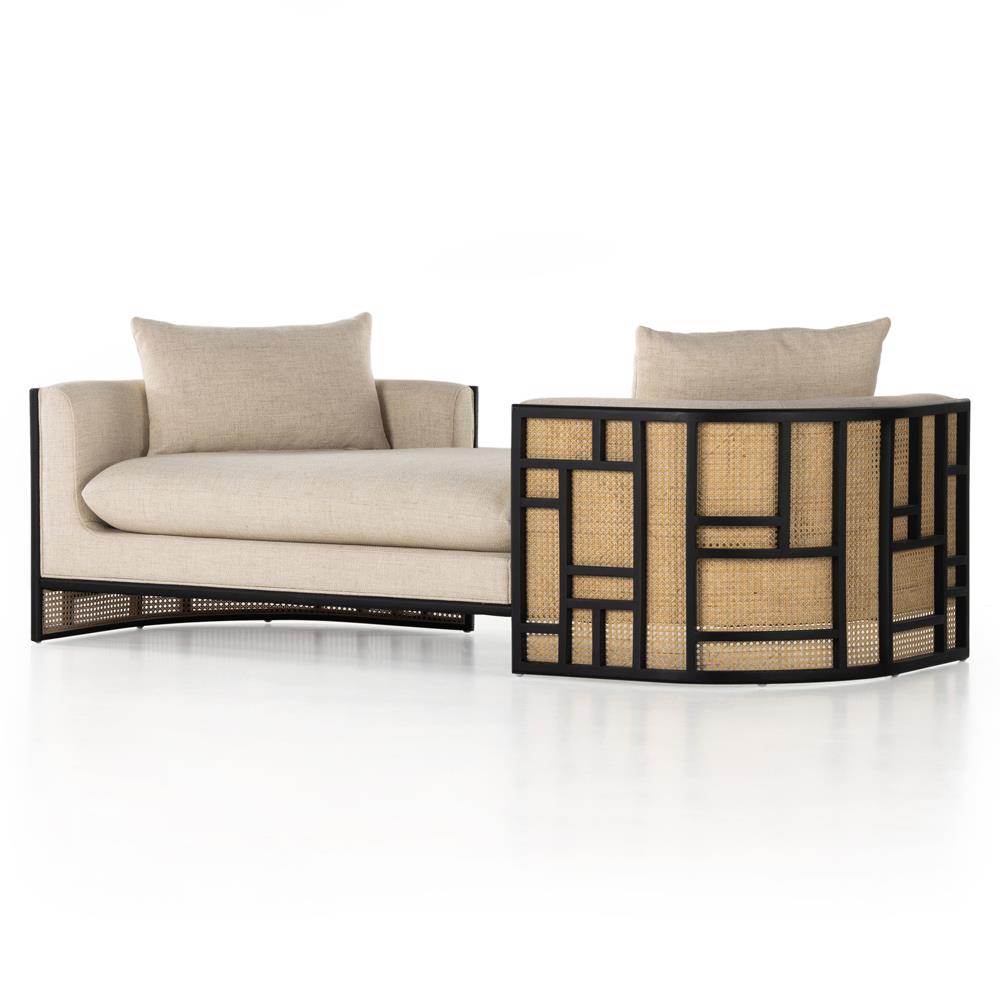 Jun Coastal Cream Performance Woven Cane Black Wood Frame Chaise Lounge|