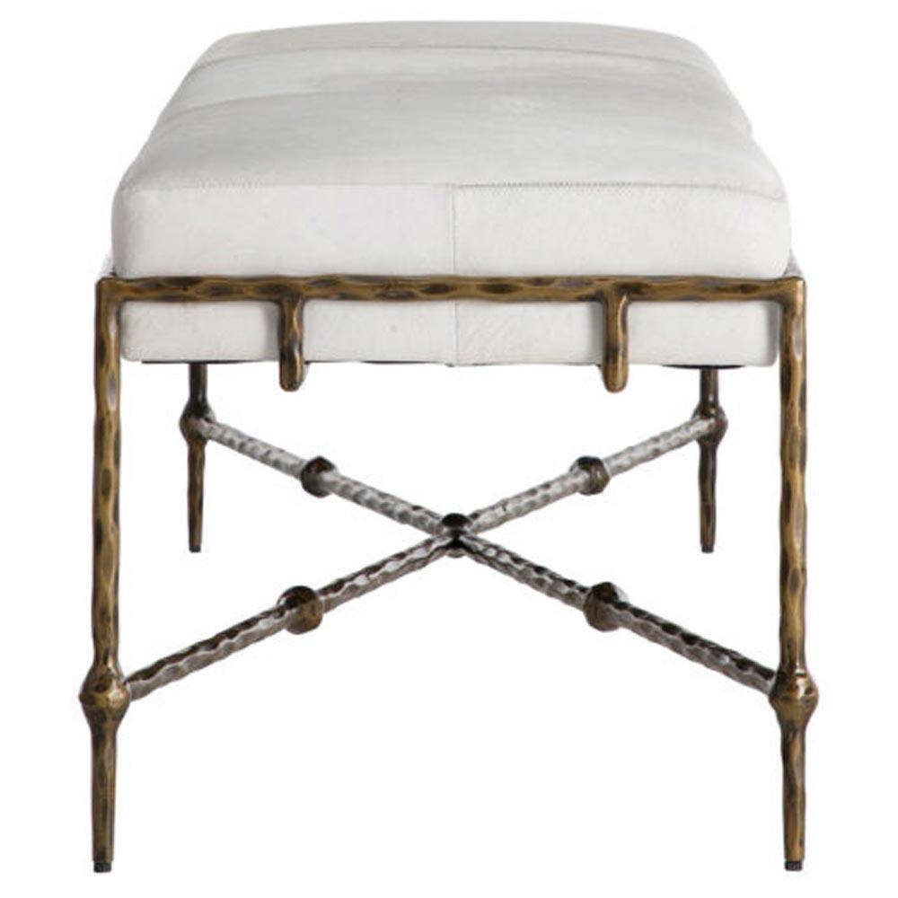 Lambeth Modern Classic White Hair On Hide Antique Brass Iron Bench|