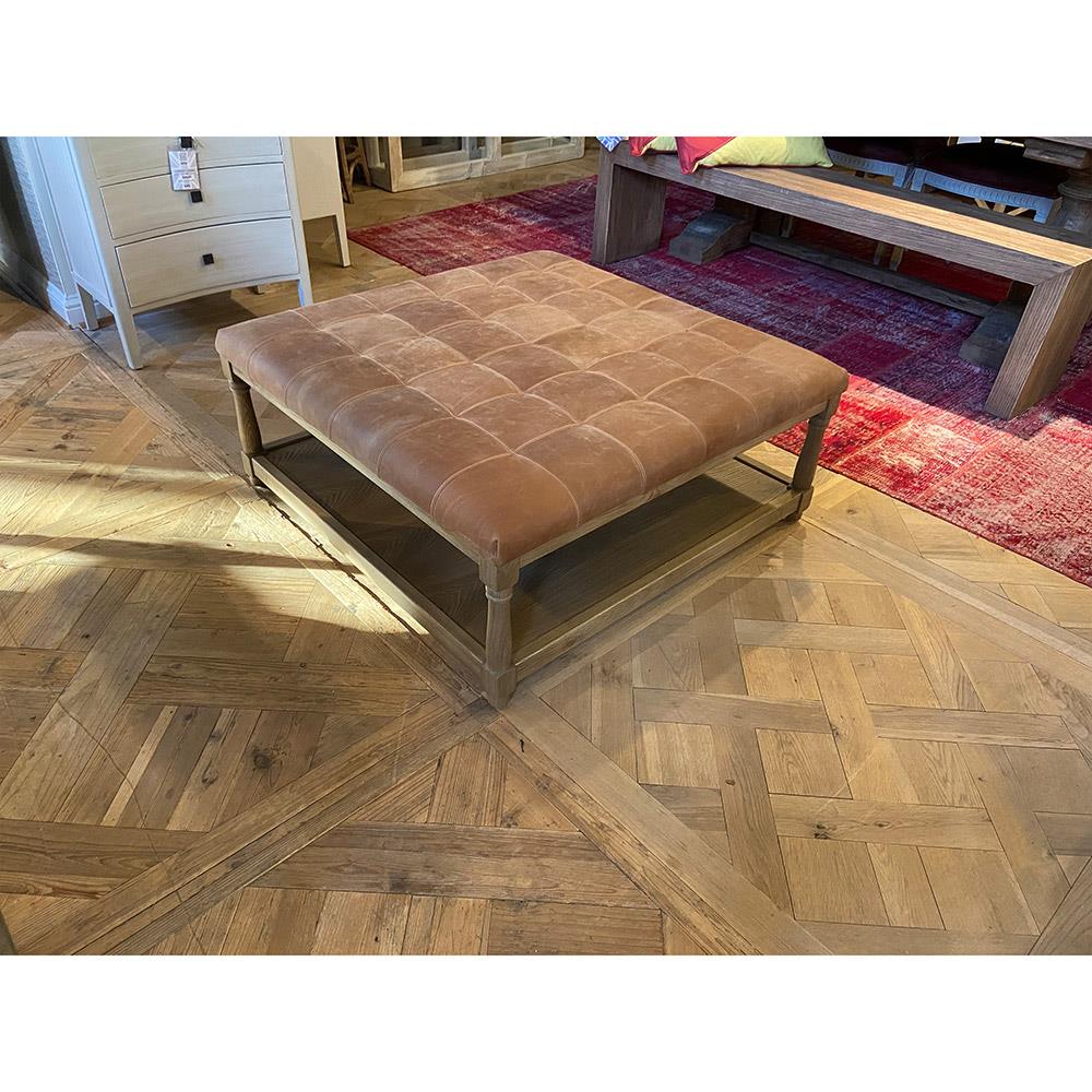 Ishan Rustic Lodge Brown Upholstered Leather Solid Oak Wood Tufted Ottoman|