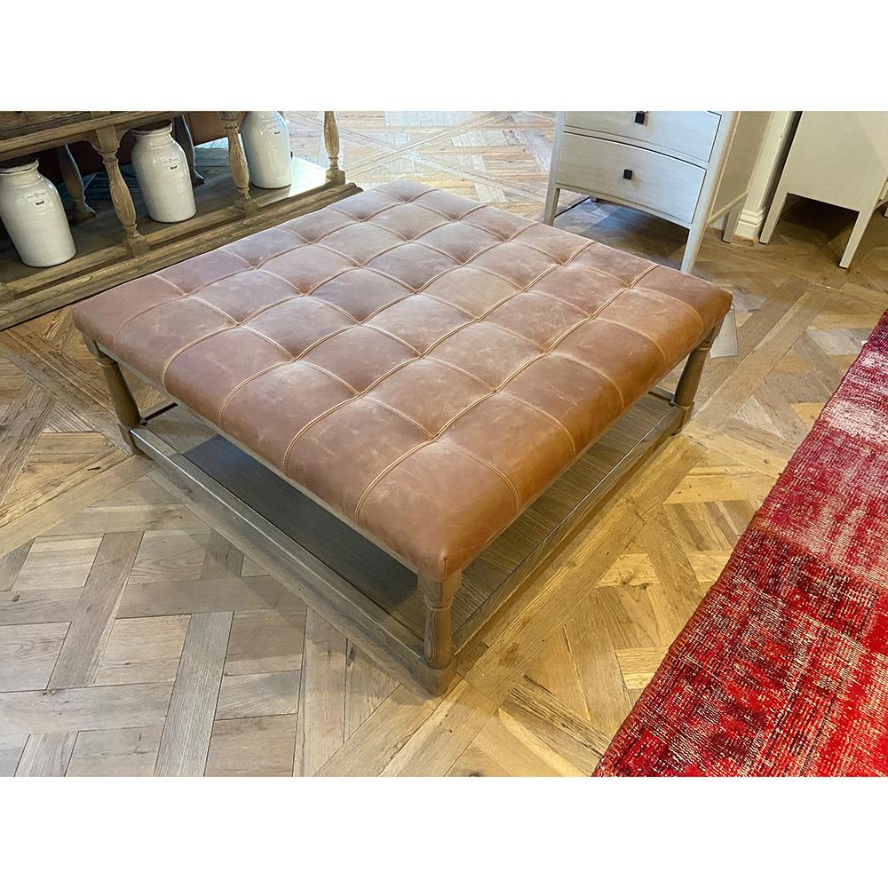 Ishan Rustic Lodge Brown Upholstered Leather Solid Oak Wood Tufted Ottoman|