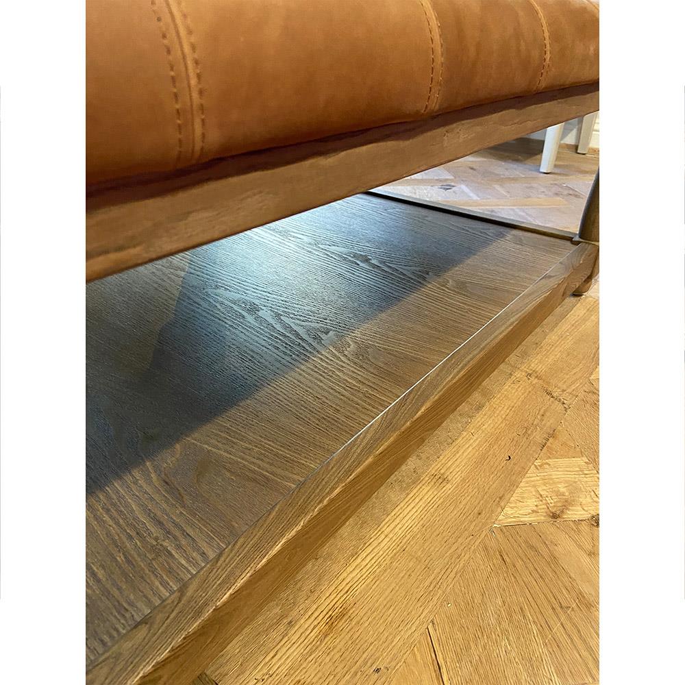 Ishan Rustic Lodge Brown Upholstered Leather Solid Oak Wood Tufted Ottoman|