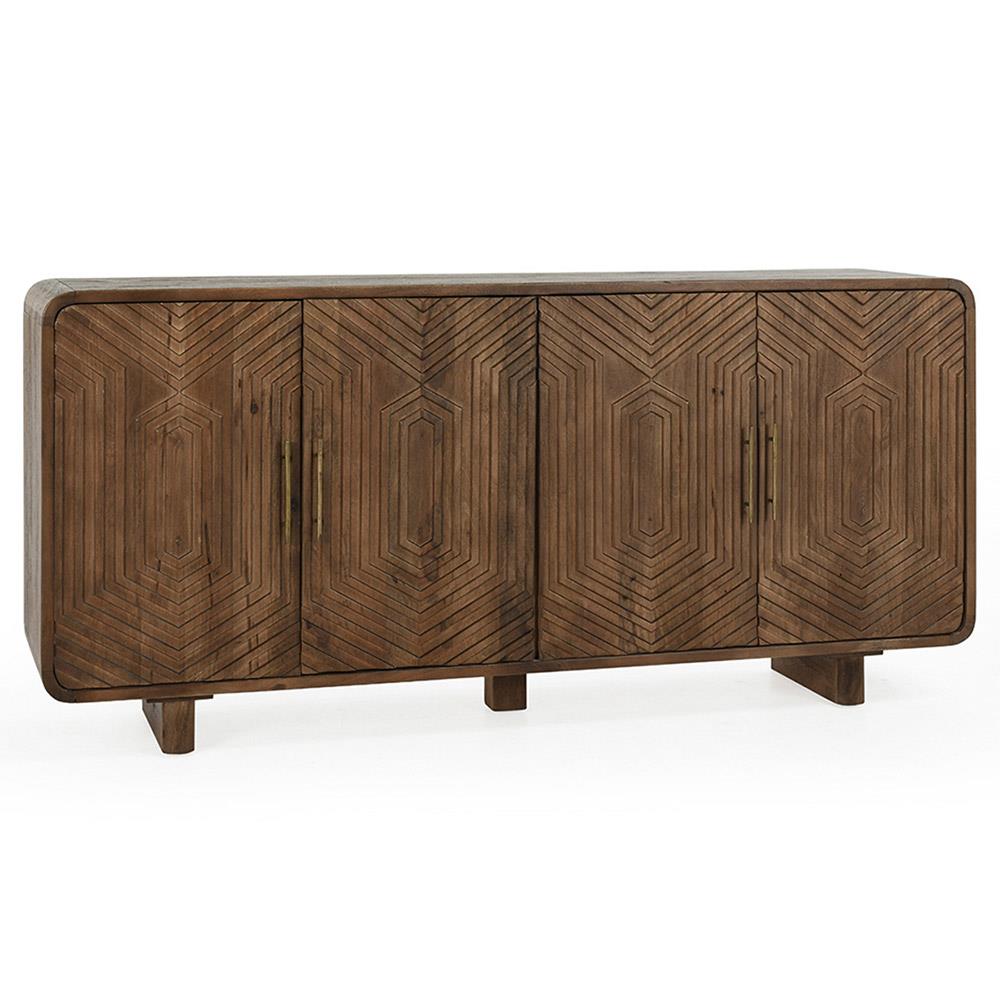 Sherwood Mid Century Modern Brown Mango Wood Patterned 4 Door Sideboard|