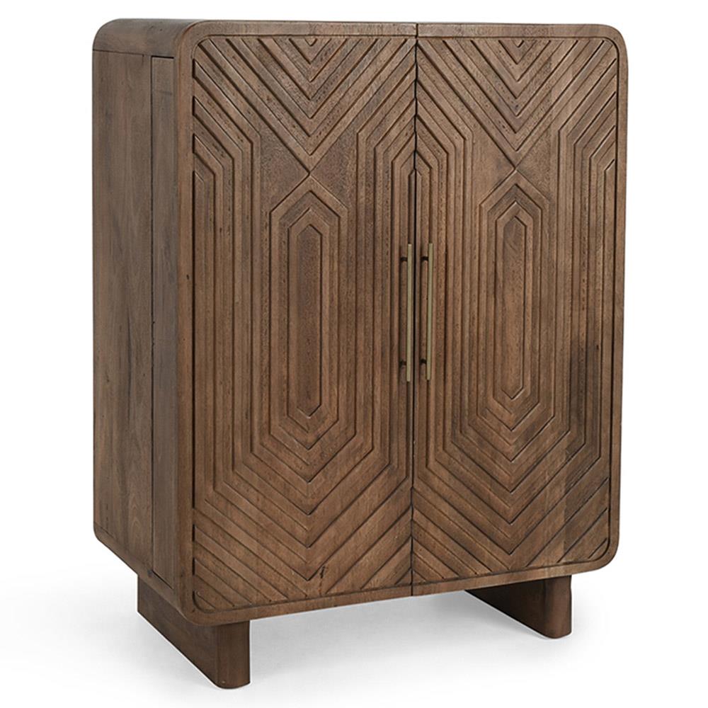 Sherwood Mid Century Modern Brown Mango Wood 2 Patterned Door Bar Cabinet|