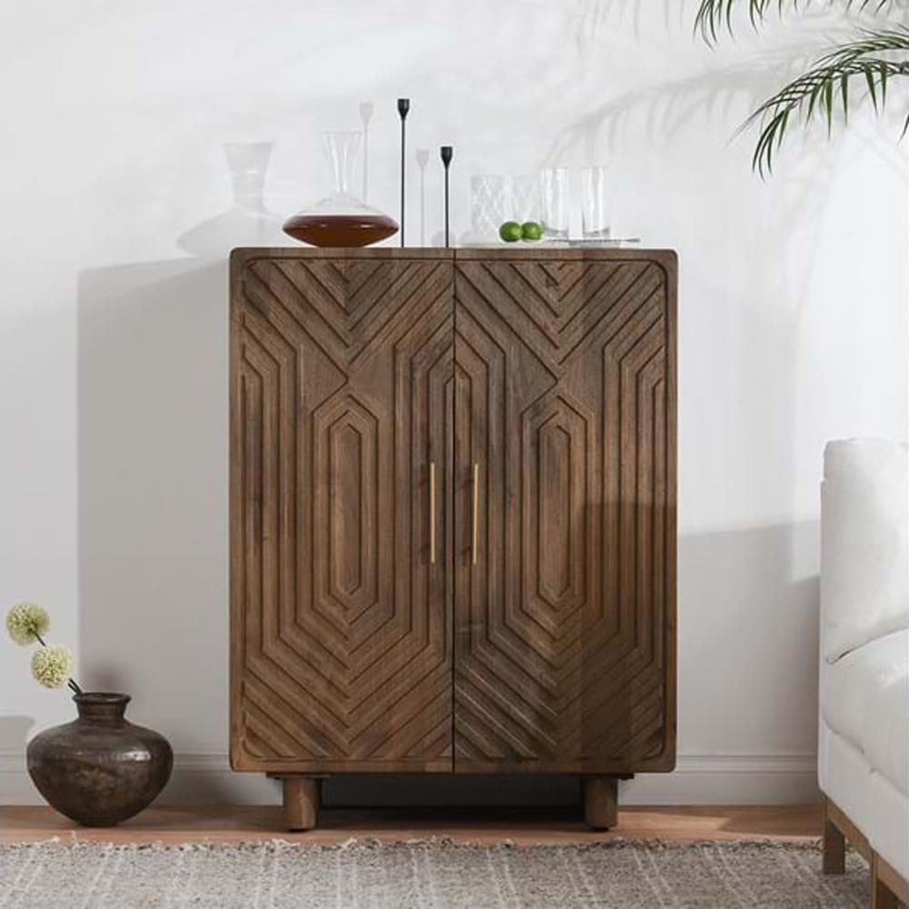 Sherwood Mid Century Modern Brown Mango Wood 2 Patterned Door Bar Cabinet|