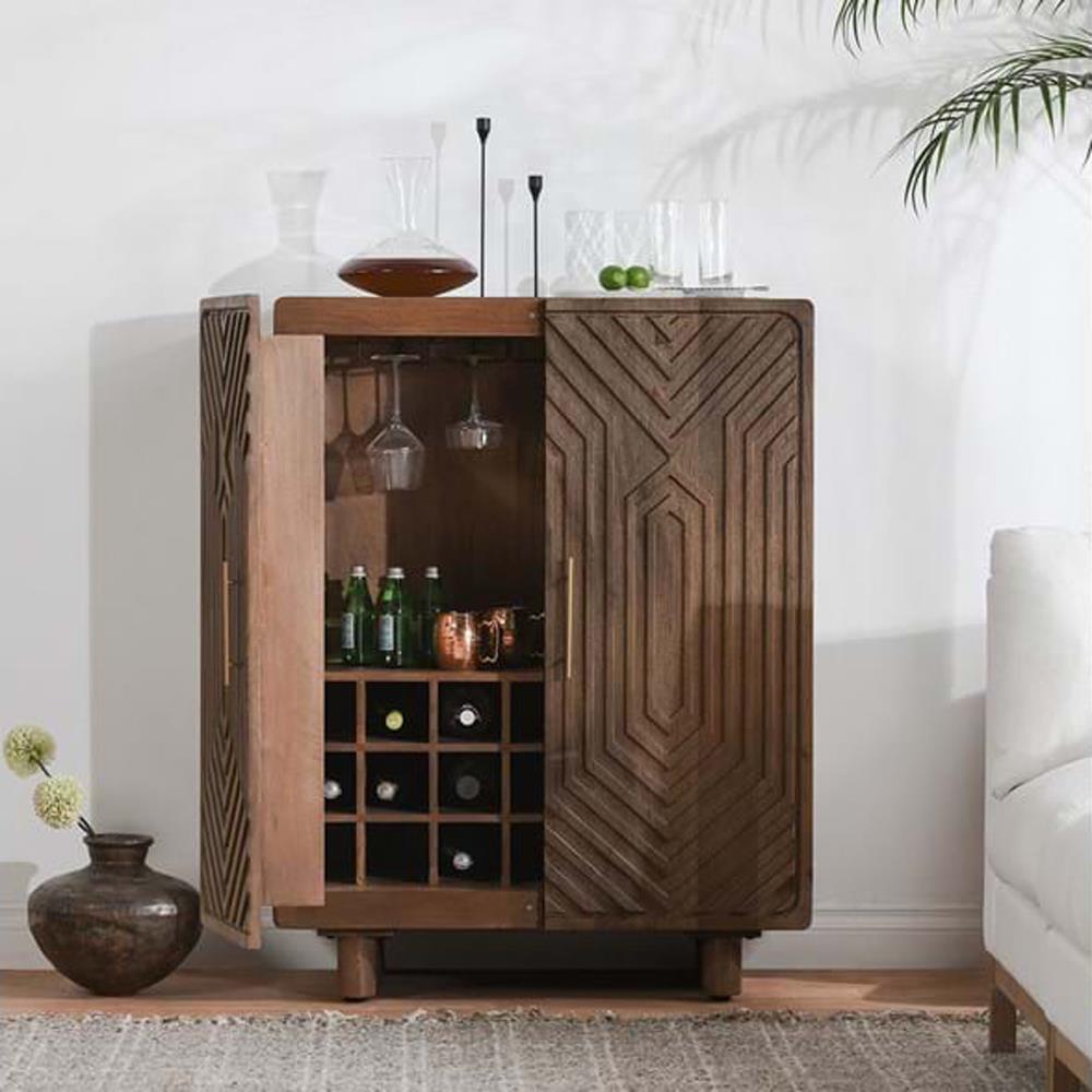 Sherwood Mid Century Modern Brown Mango Wood 2 Patterned Door Bar Cabinet|