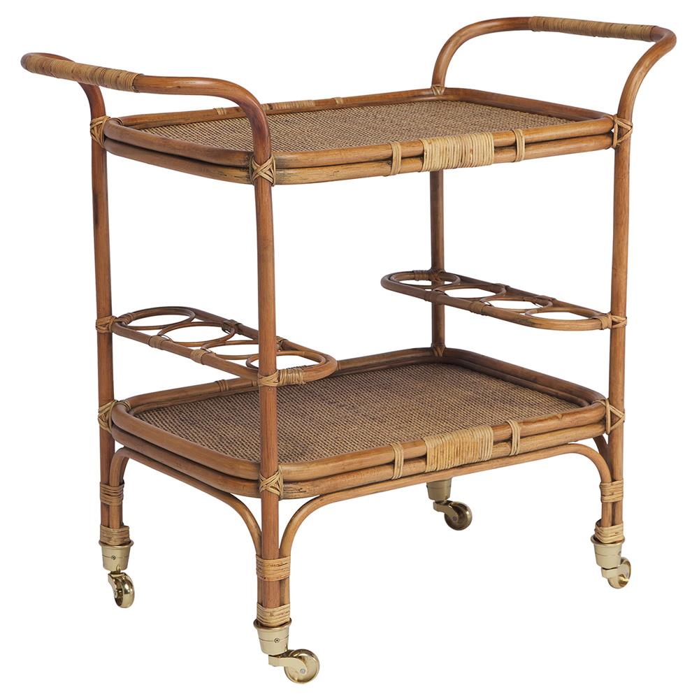 Minda Coastal Beach Antique Brown Rattan Woven Wicker Bar Cart|