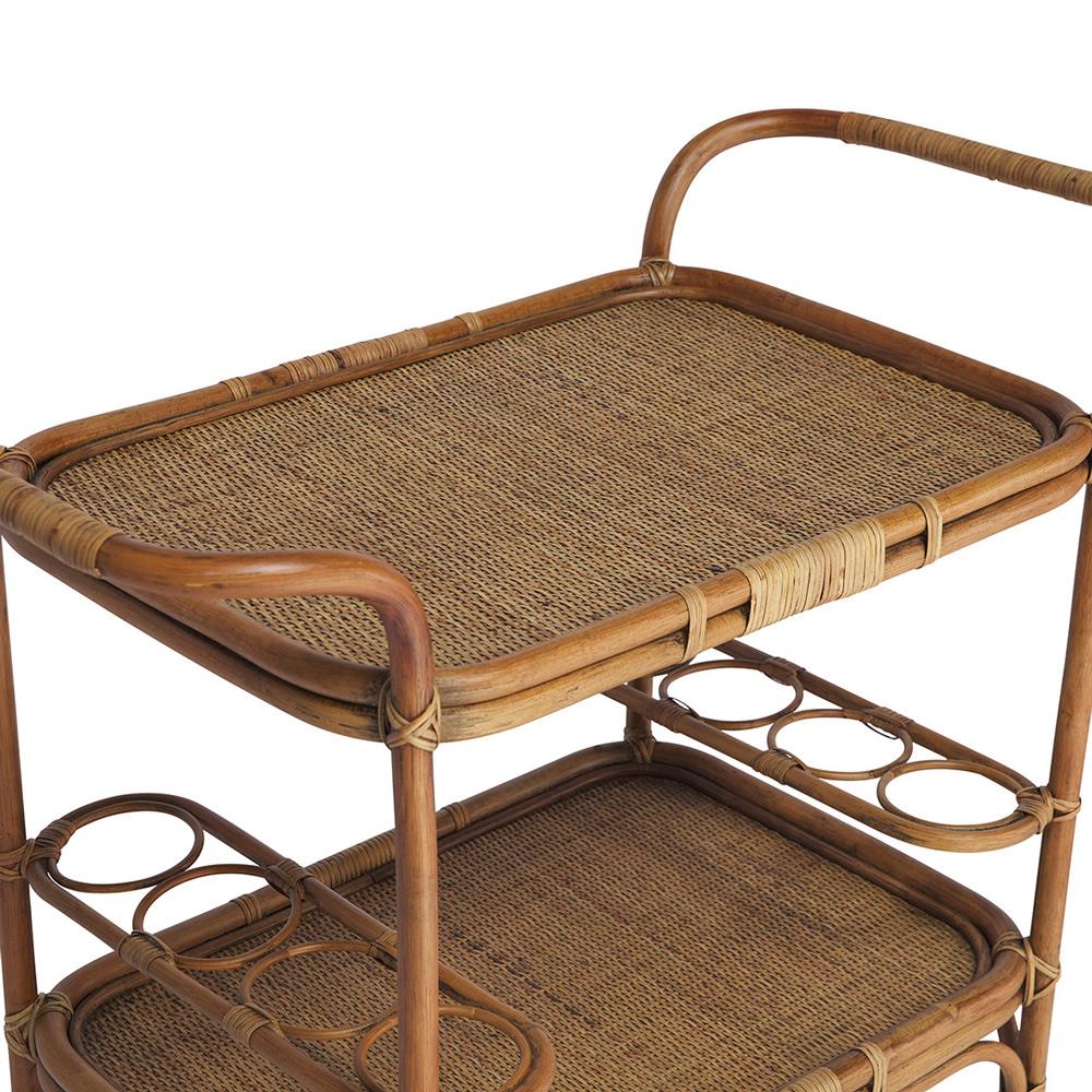 Minda Coastal Beach Antique Brown Rattan Woven Wicker Bar Cart|