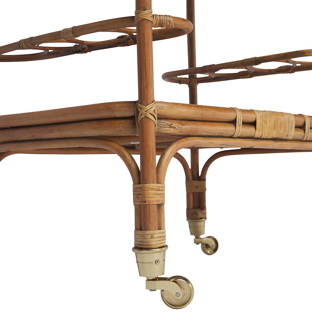 Minda Coastal Beach Antique Brown Rattan Woven Wicker Bar Cart|