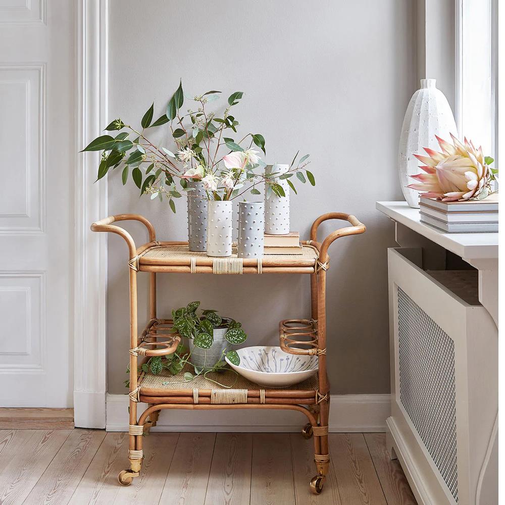 Minda Coastal Beach Antique Brown Rattan Woven Wicker Bar Cart|