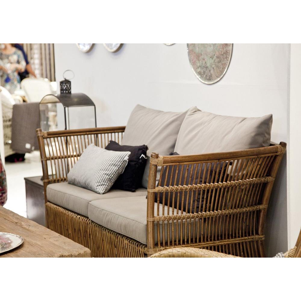 Sydney Coastal Beach Grey Performance Cushion Antique Brown Rattan Sofa - 57.1"W|