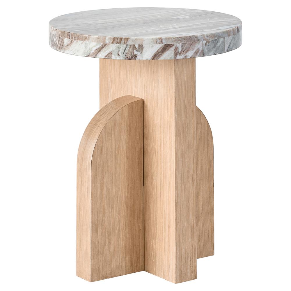 Noelle Modern Classic Marble Top Light Brown Wood Base Round Side Table|