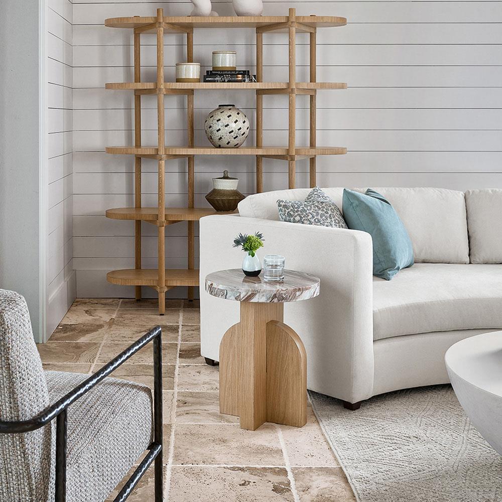 Noelle Modern Classic Marble Top Light Brown Wood Base Round Side Table|