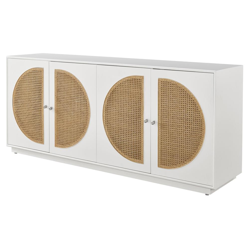 Noelle Modern Classic Brown Woven Cane White Wood Frame 4 Door Sideboard|
