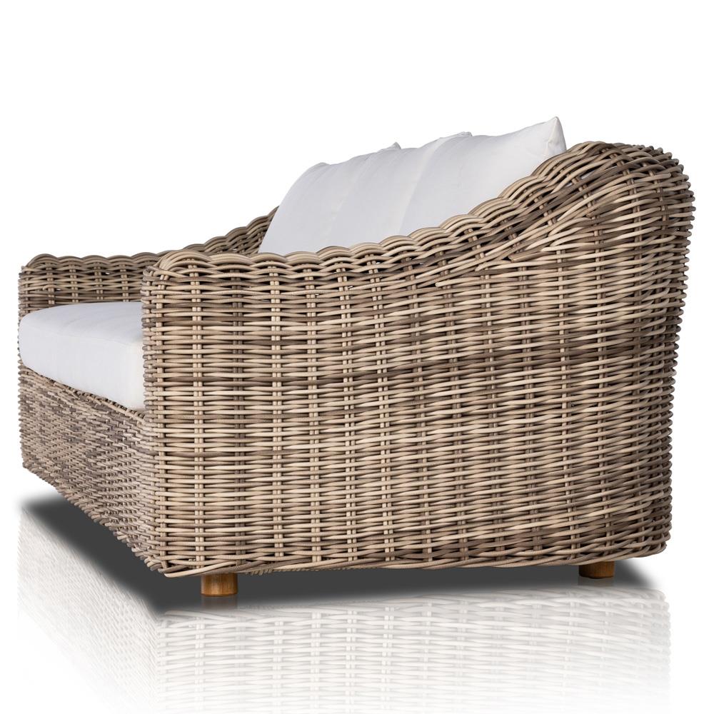 Celina Coastal White Cushion Woven Wicker Natural Teak Wood Outdoor Sofa - 106"|