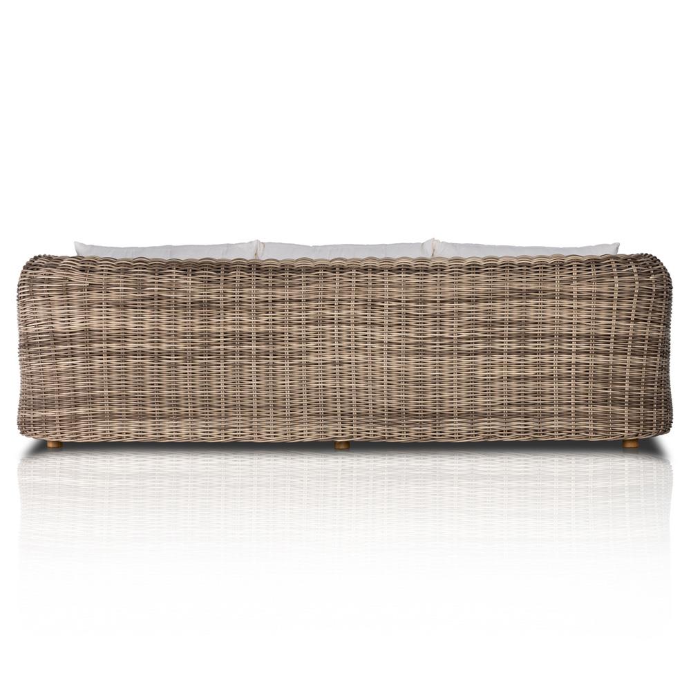 Celina Coastal White Cushion Woven Wicker Natural Teak Wood Outdoor Sofa - 106"|