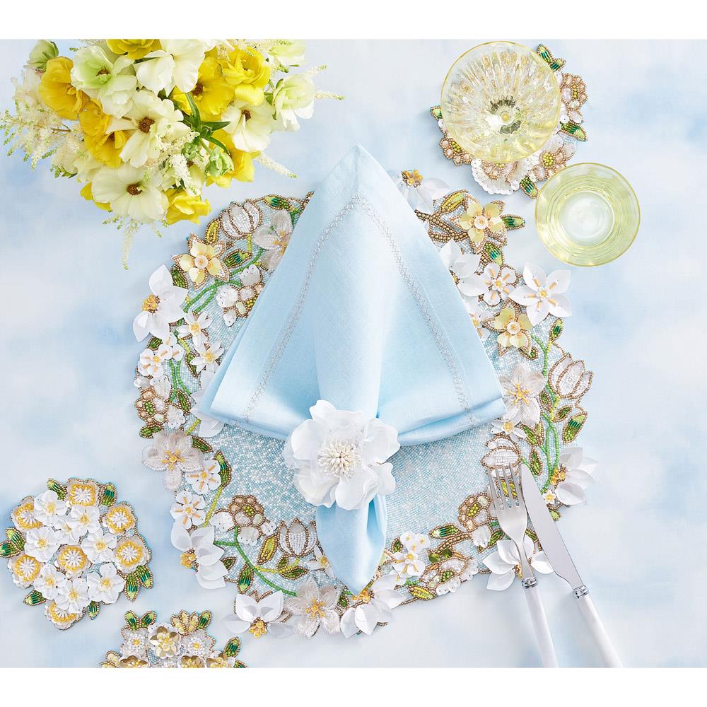 Gardenia Modern White Petal Beads Gold Metal Napkin Ring - Set of 4|