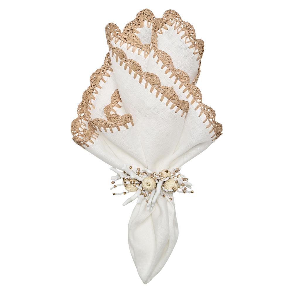 Ida Shell Edge Coastal White Linen Raffia Trim Napkin - Set of 4|