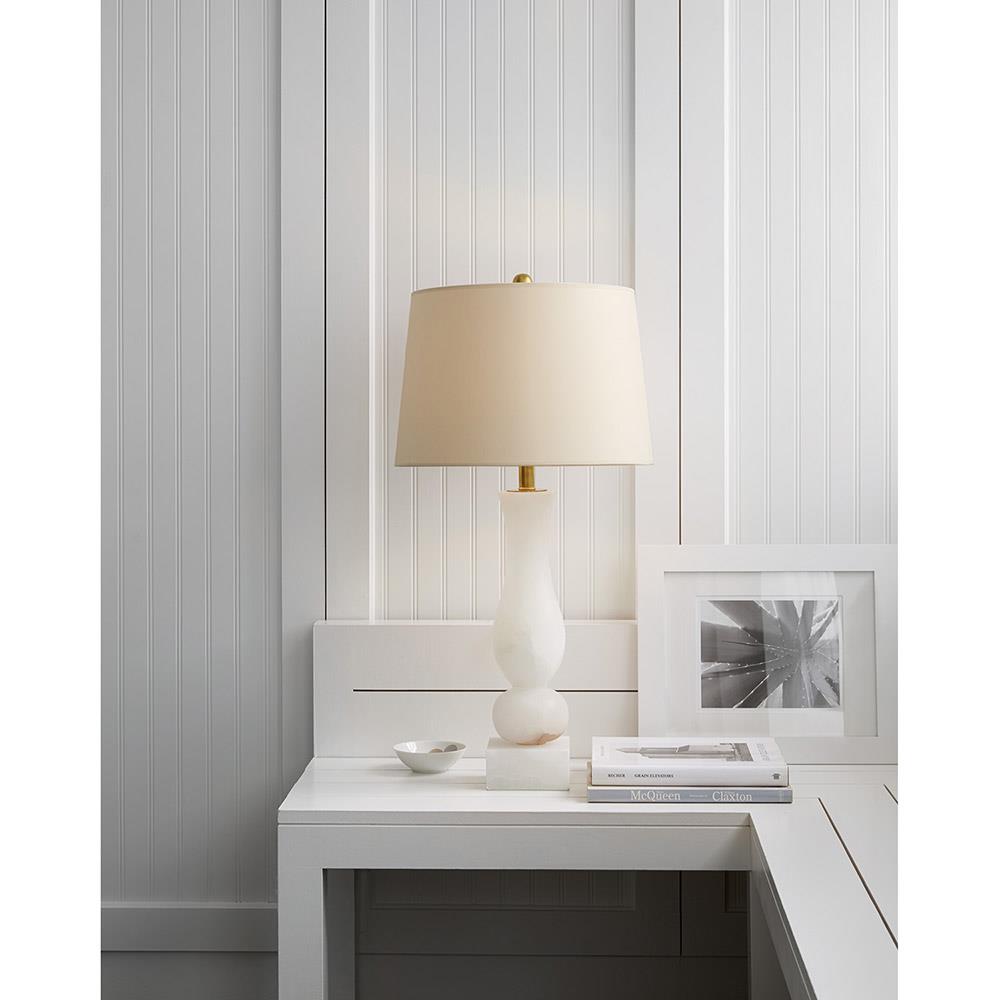 Visual Comfort Contemporary Balustrade White Alabaster Linen Shade Table Lamp|