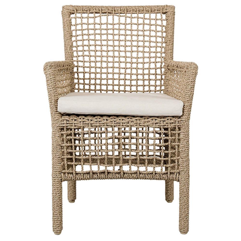 Sonia Coastal Beach White Upholstered Brown Woven Rope Outdoor Dining Arm Chair|