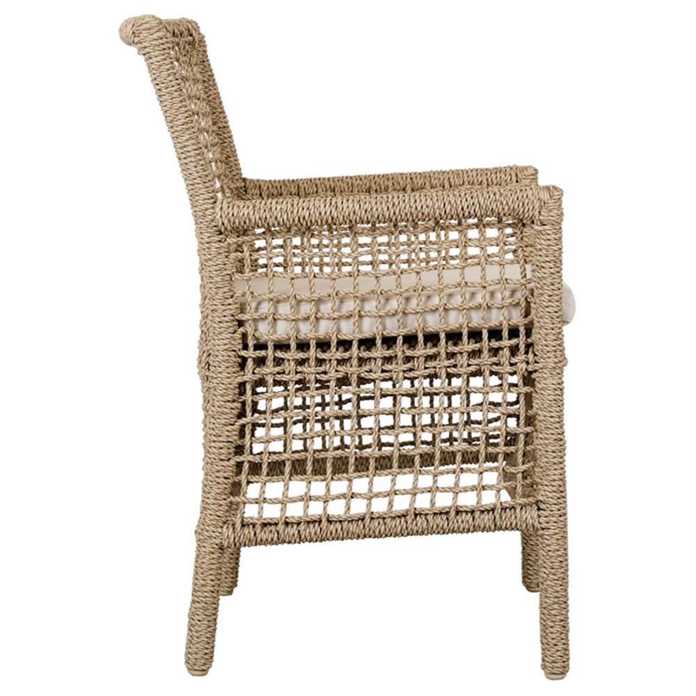 Sonia Coastal Beach White Upholstered Brown Woven Rope Outdoor Dining Arm Chair|