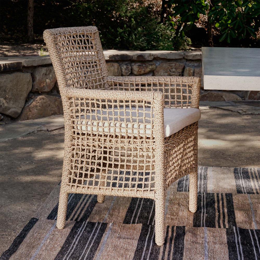 Sonia Coastal Beach White Upholstered Brown Woven Rope Outdoor Dining Arm Chair|