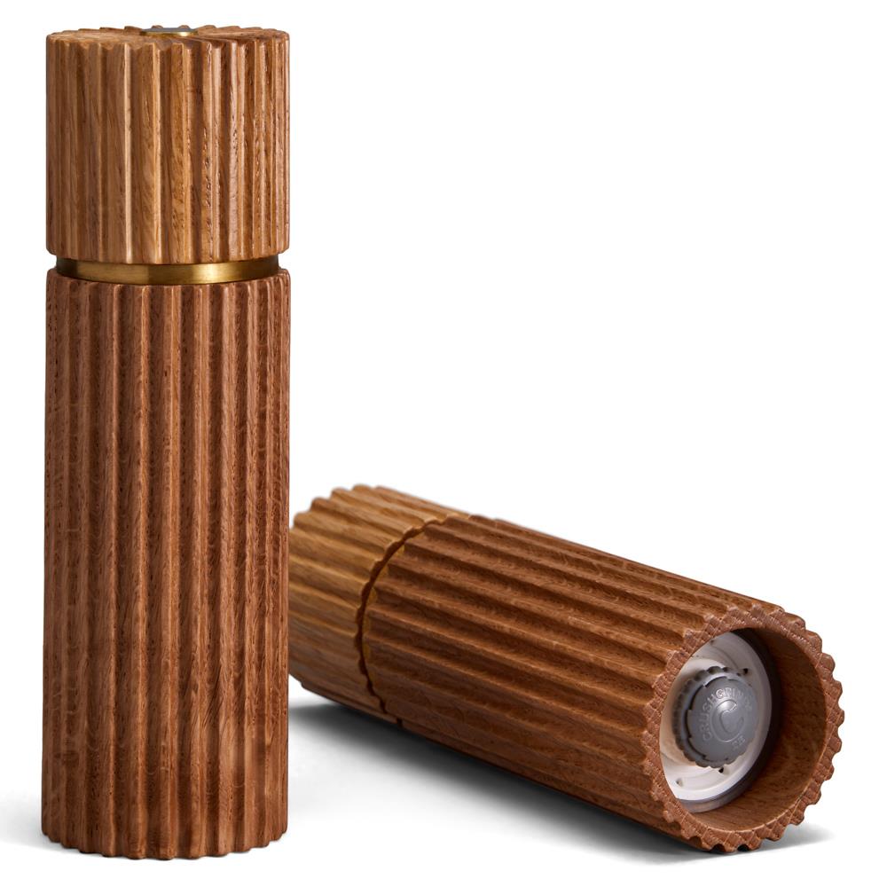 L'Objet Ionic Modern Natural Oak Wood Brass Accent Salt & Pepper Mills Set|
