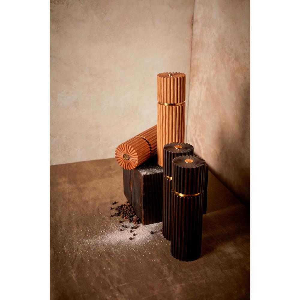 L'Objet Ionic Modern Natural Oak Wood Brass Accent Salt & Pepper Mills Set|