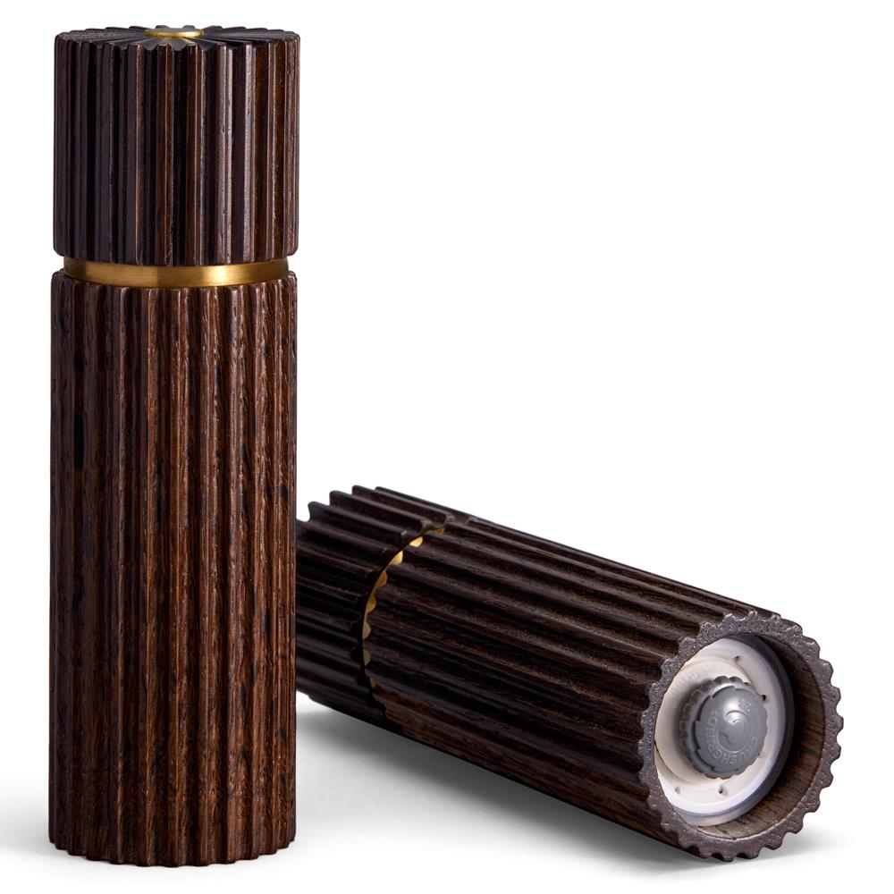 L'Objet Ionic Modern Smoked Oak Wood Brass Accent Salt &amp; Pepper Mills Set|
