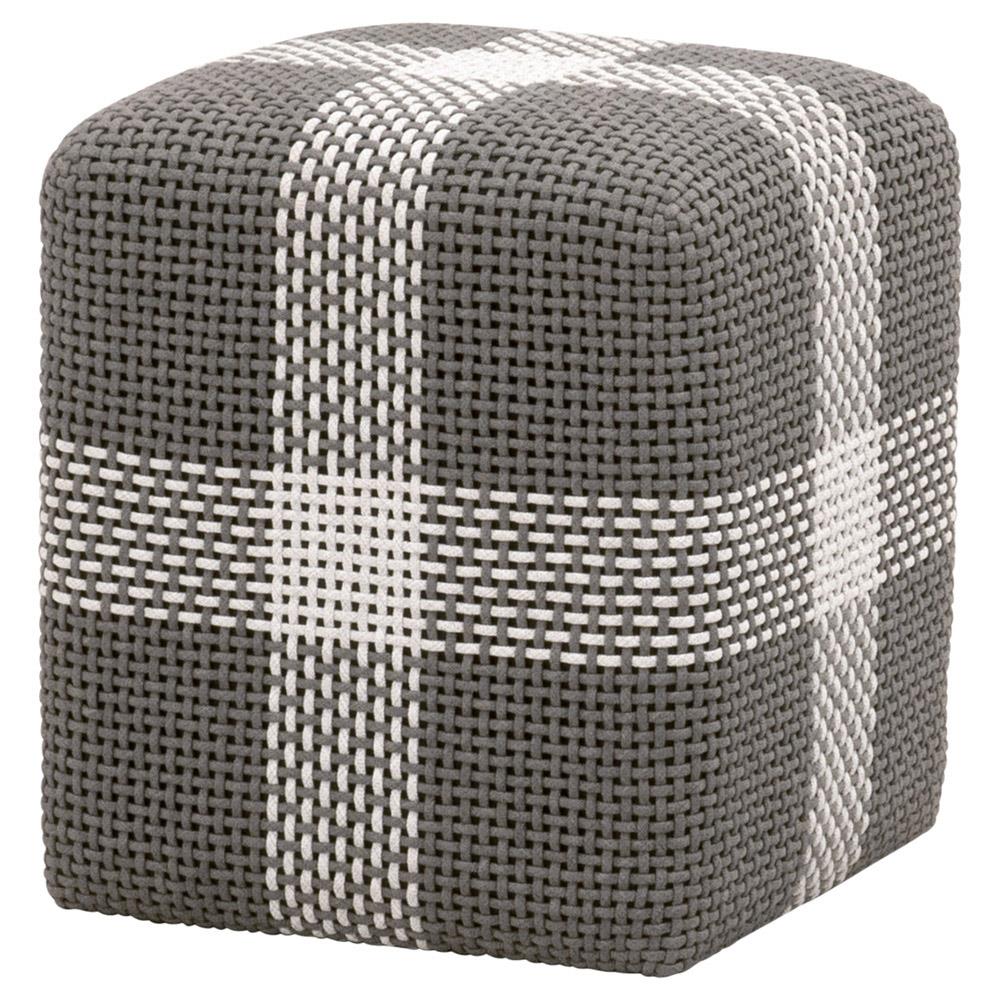 Hydra Coastal Beach Grey Woven Rope Teak Wood Square Outdoor Ottoman|