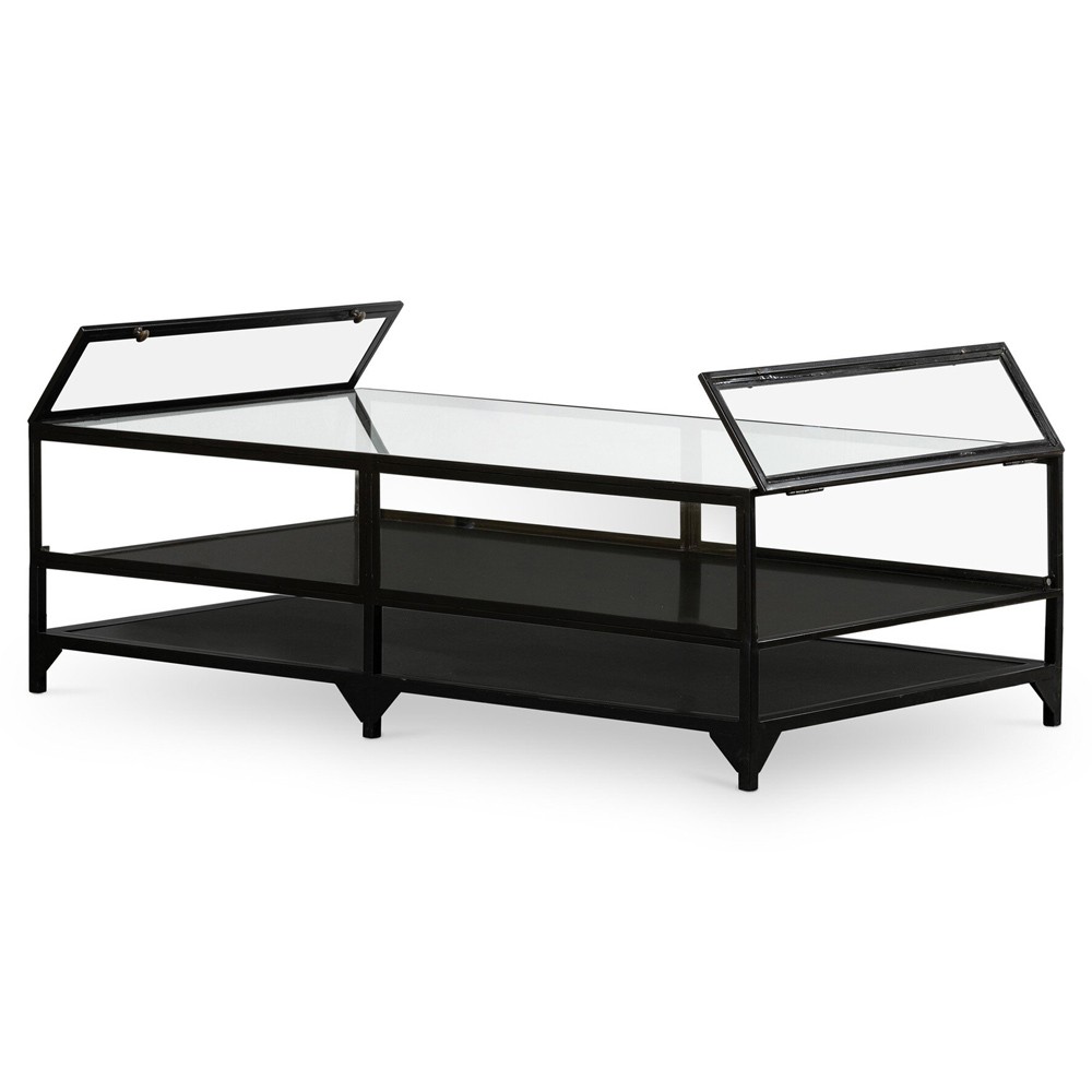Katren Industrial Loft Tempered Glass Top Black Iron Frame Coffee Table|