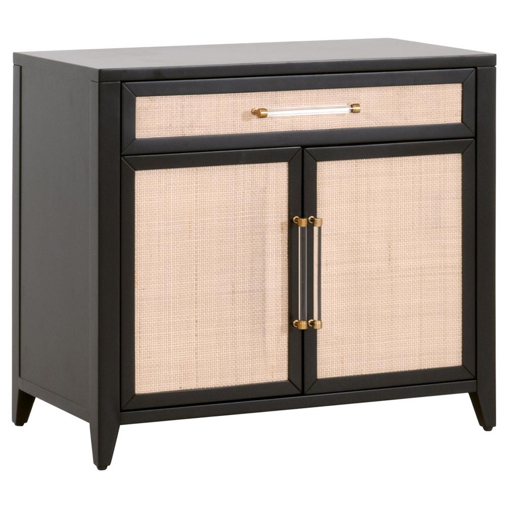 Steven Coastal Beach Natural Rattan Black Wood Frame Media Cabinet|