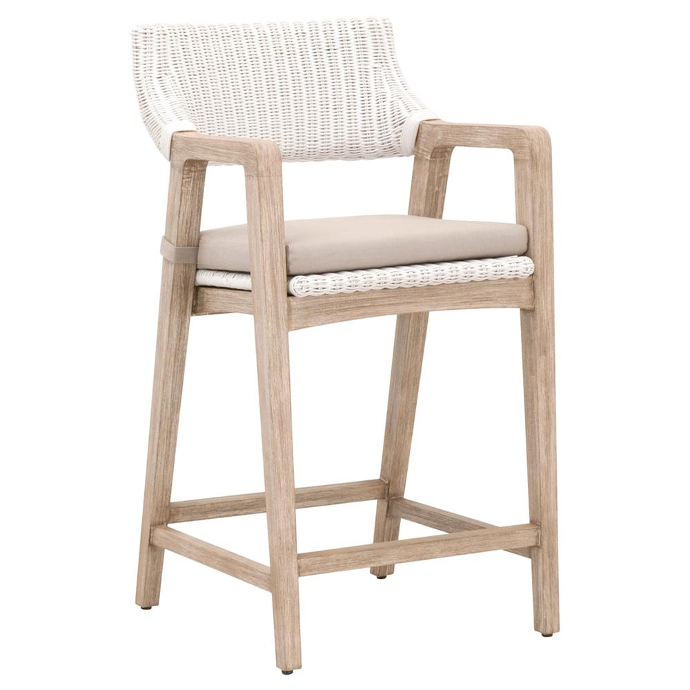 Lucile Coastal Beach Beige Cushion White Woven Rattan Mahogany Counter Stool|