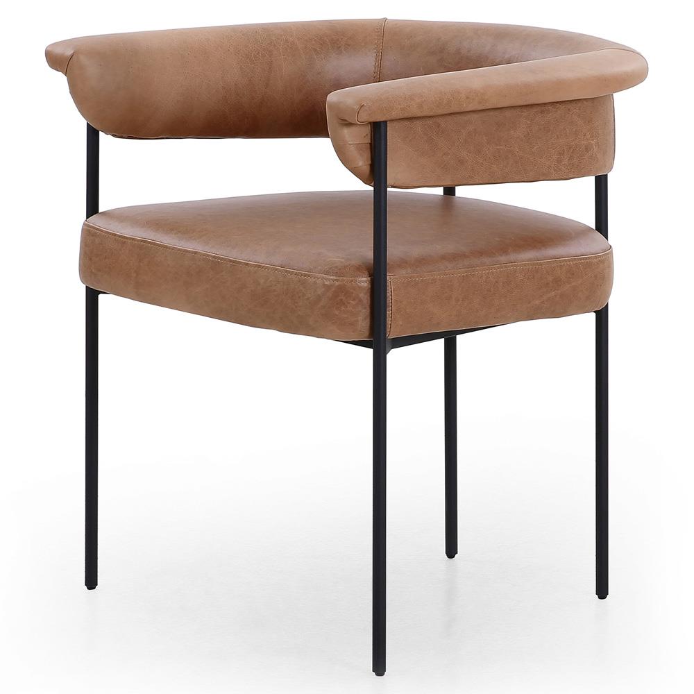 Penelope Industrial Brown Upholstered Leather Black Iron Barrel Dining Arm Chair|