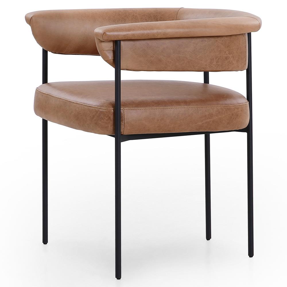 Penelope Industrial Brown Upholstered Leather Black Iron Barrel Dining Arm Chair|