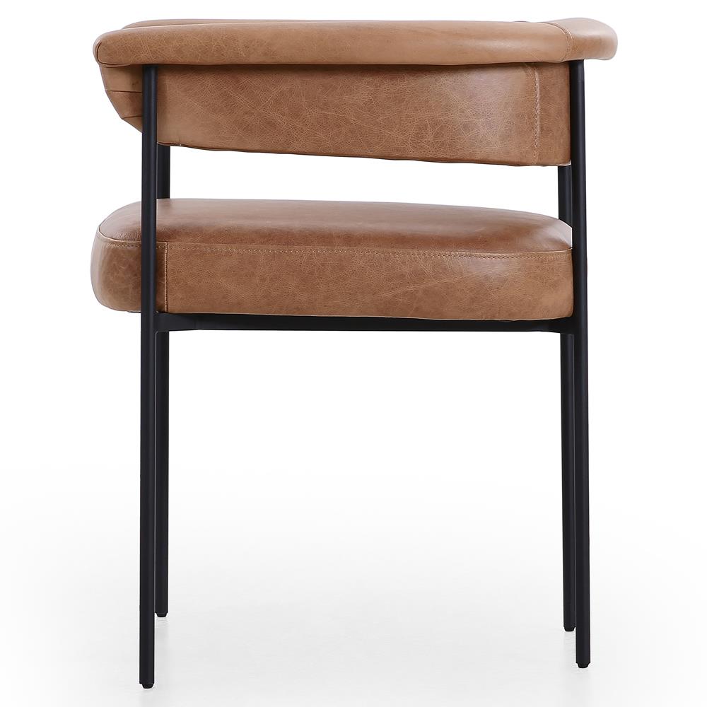 Penelope Industrial Brown Upholstered Leather Black Iron Barrel Dining Arm Chair|