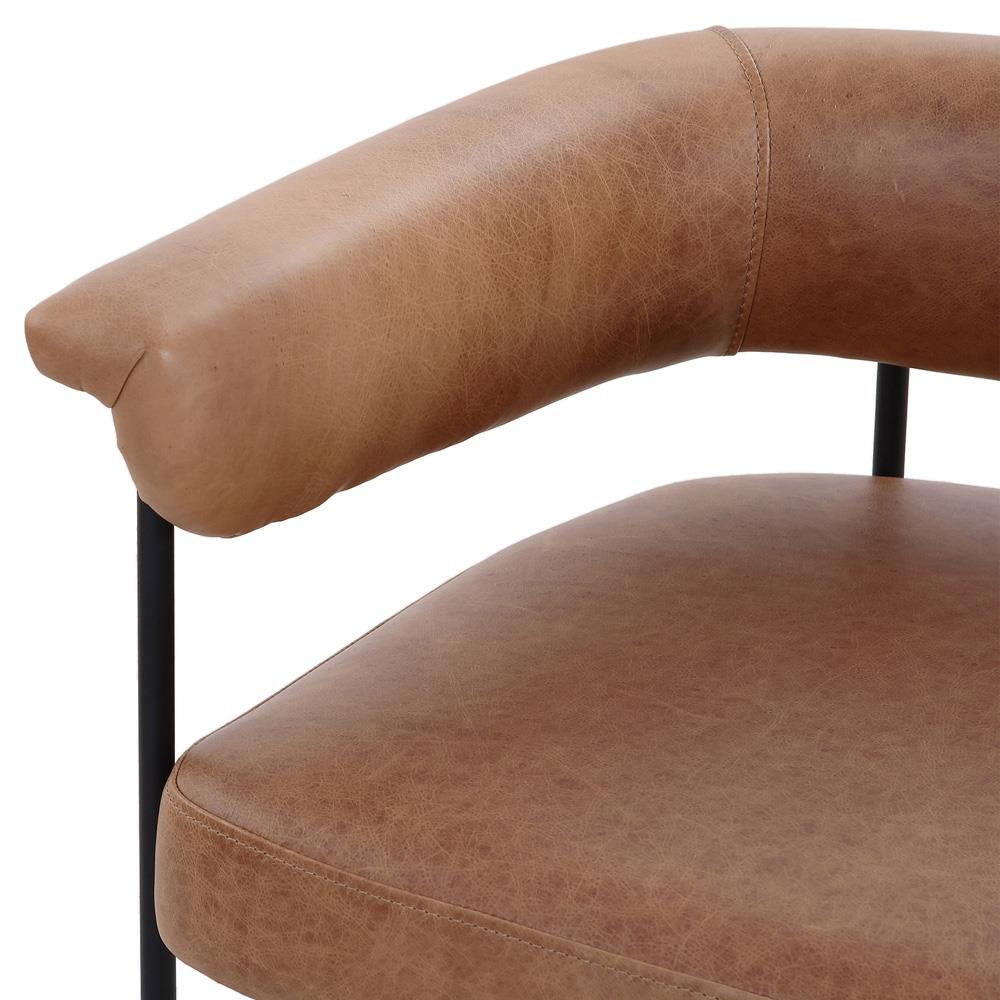 Penelope Industrial Brown Upholstered Leather Black Iron Barrel Dining Arm Chair|