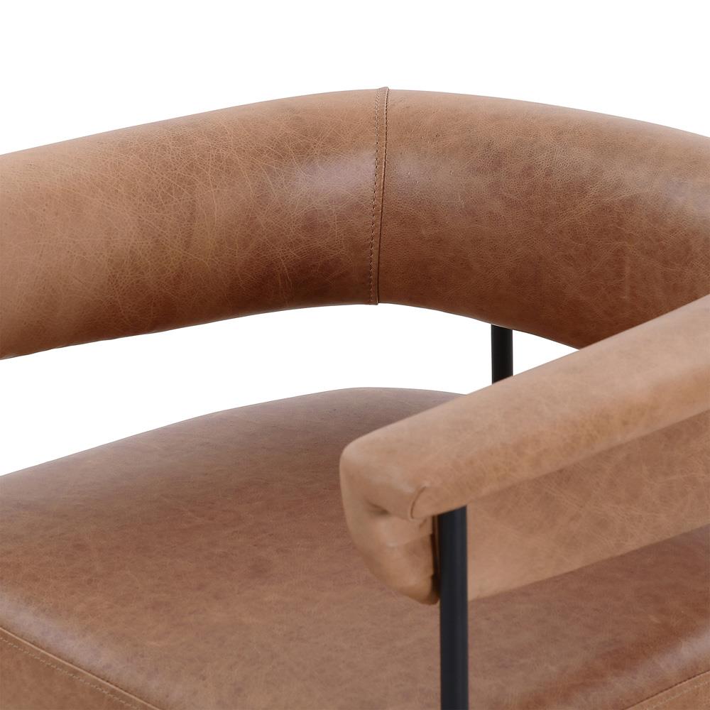 Penelope Industrial Brown Upholstered Leather Black Iron Barrel Dining Arm Chair|