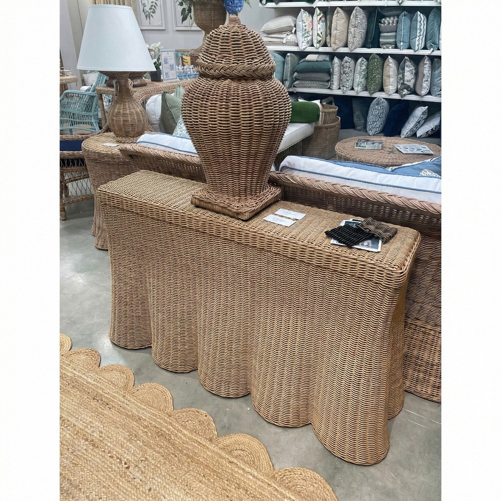 Terese Coastal Beach Natural Handwoven Rattan Scalloped Console Table|