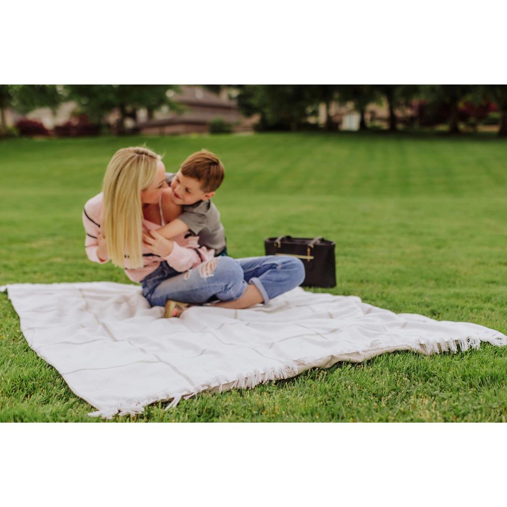 Milan Modern Classic White Woven Taupe Cotton Picnic Blanket with