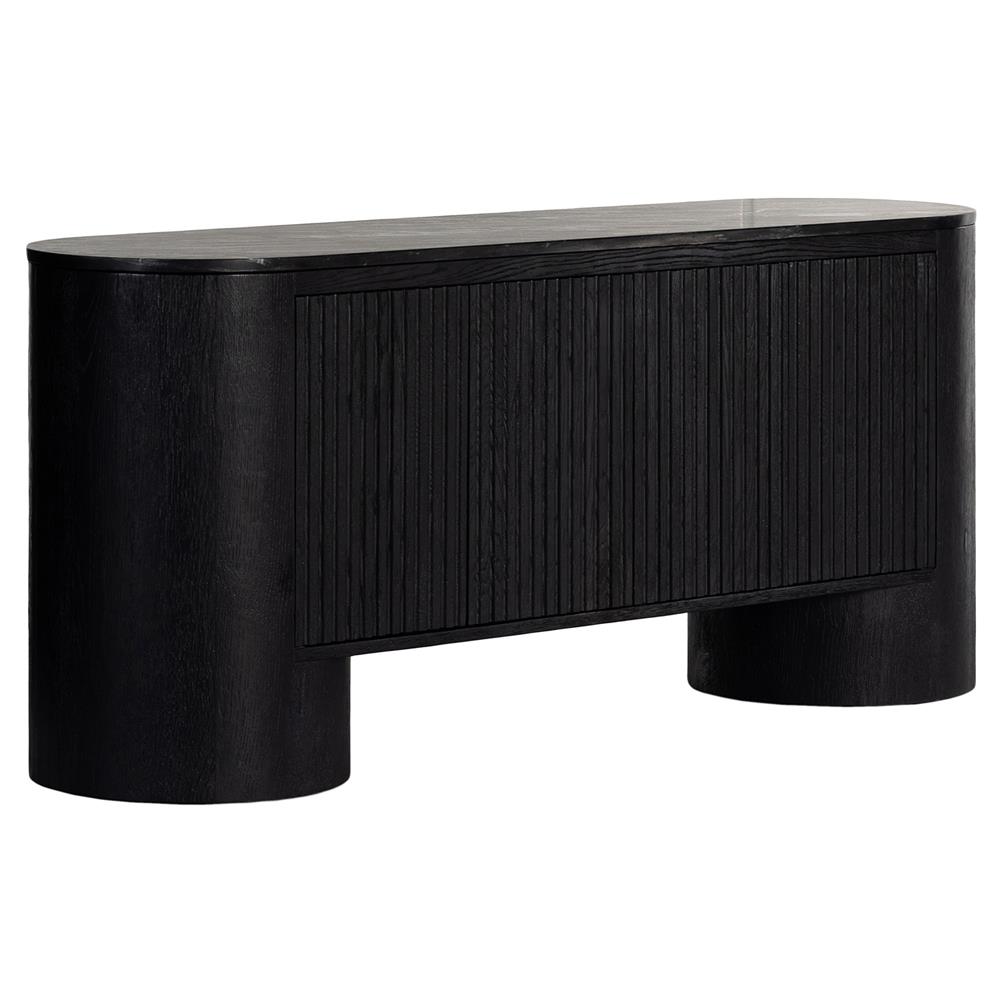 Graham Mid Century Black Marble Top Oak Wood 4 Door Media Cabinet