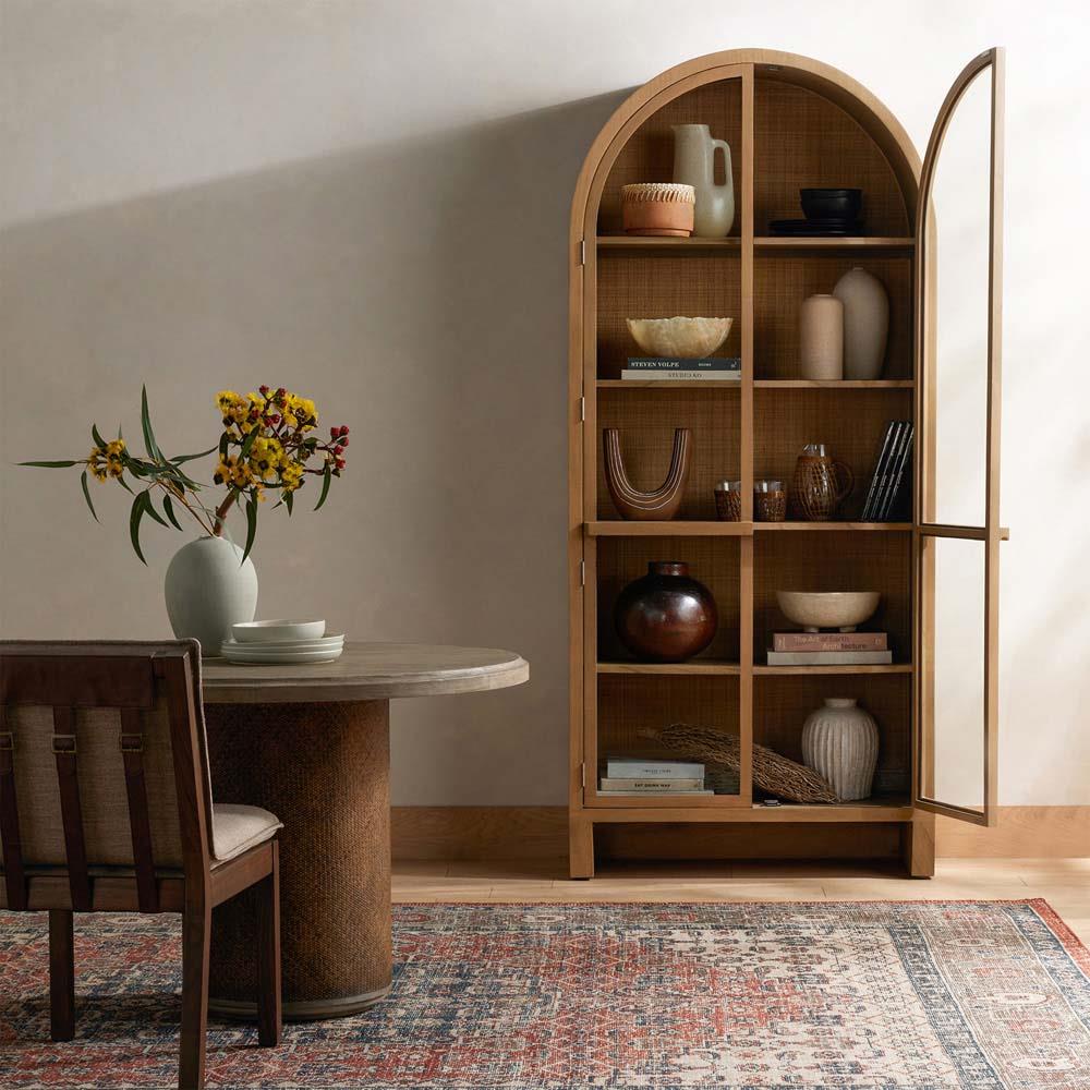 Iliana Coastal Beach Natural Wood Woven Cane Glass Arched Display