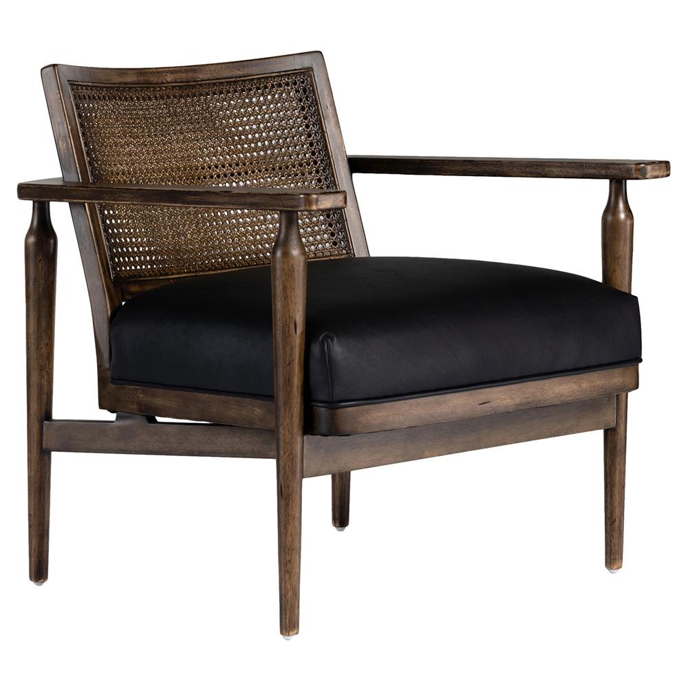 Xander Rustic Lodge Brown Woven Cane Black Leather Seat Occasional Arm Chair|